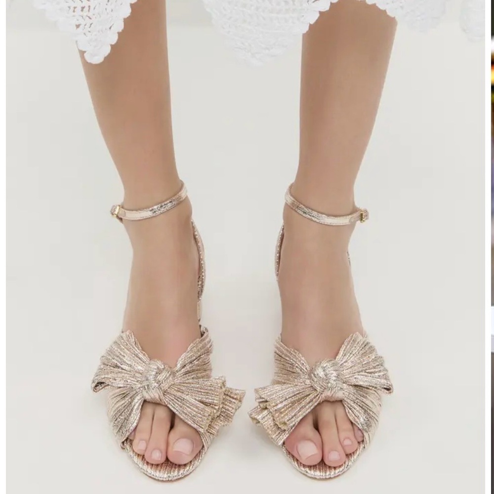 LOEFFLER RANDALL DAHLIA ANKLE STRAP BOW KNOTTED SANDALS GOLD TONE SIZE 6.5